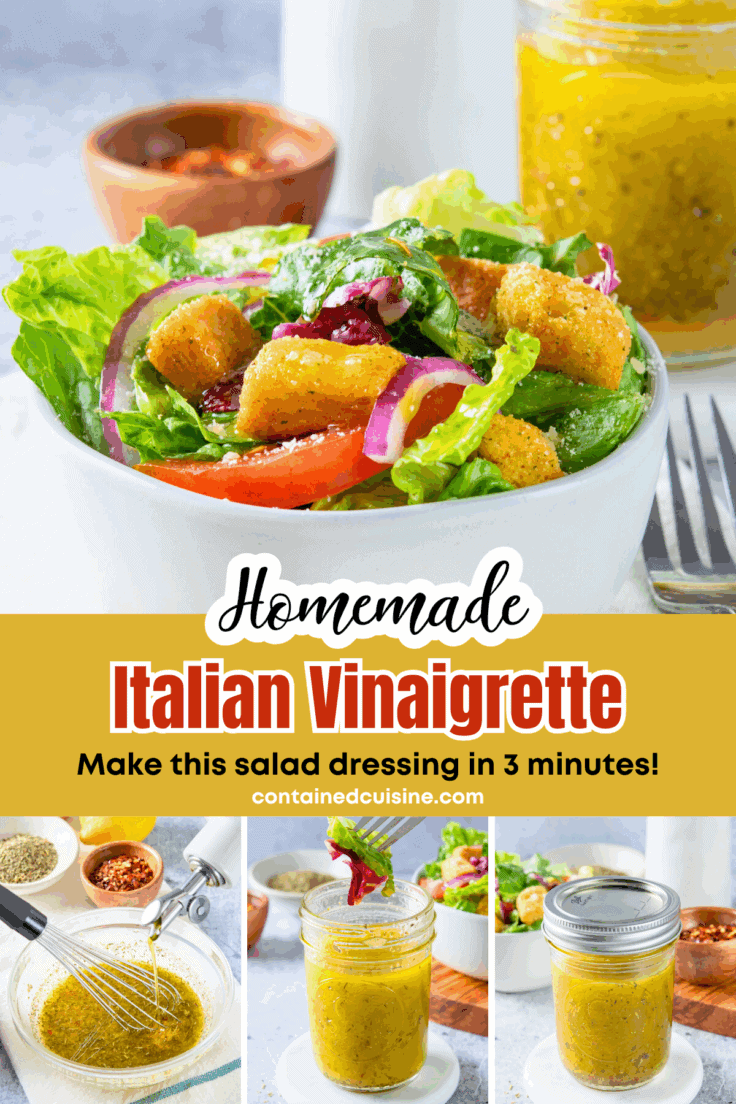 A four-photo image that includes a bowl of salad in front of a jar of homemade Italian dressing, the vinaigrette being whisked in a bowl, a fork with salad being dipped in the dressing, and a jar with lid of the dressing.