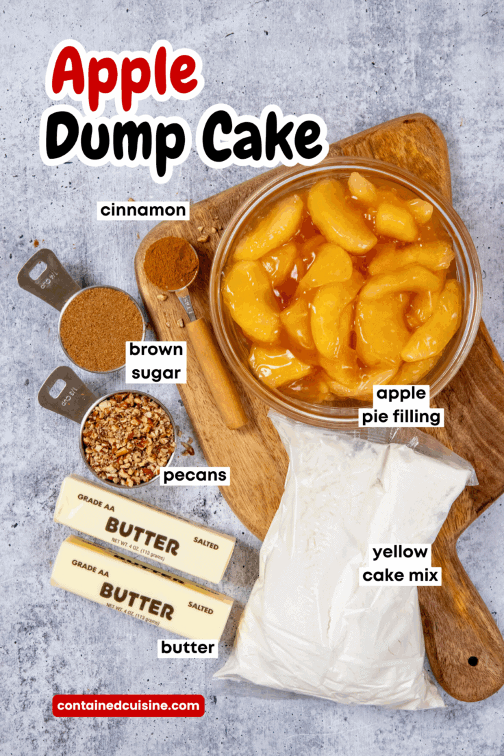 An overhead picture of all the ingredients needed to make this easy apple dump cake. There's a bowl filled with apple pie filling, a measuring spoon with cinnamon in it, measuring cups with brown sugar and chopped peacans, two sticks of butter, and yellow cake mix. Each of the ingredients has a text label and the image has text overlay that reads, "Apple Dump Cake"