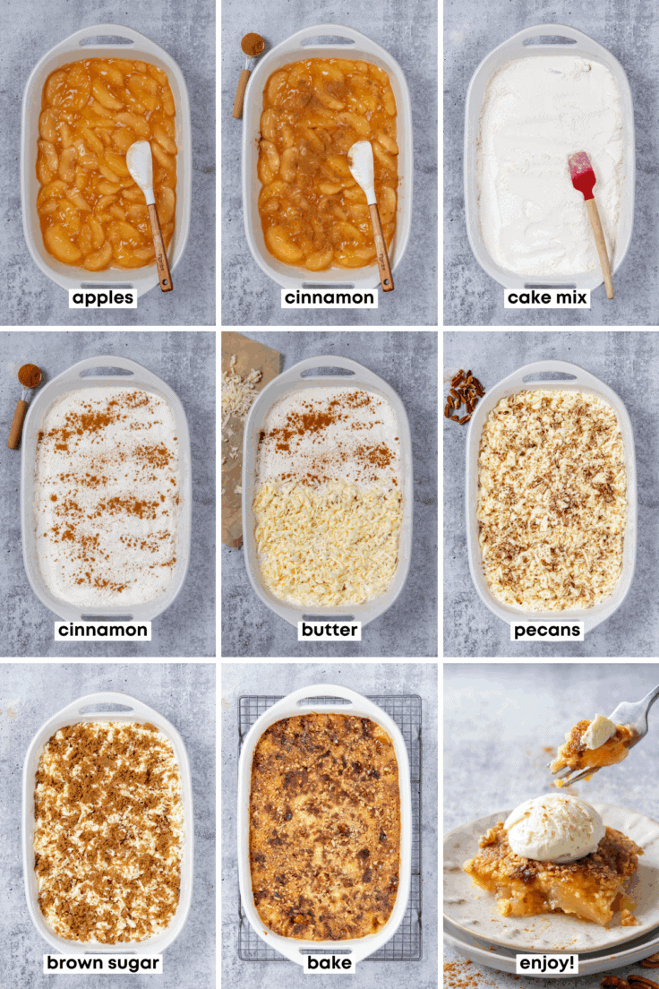 A nine-photo grid, where the first eight photos show overhead photos of the ingredients being layered into a 9x13 baking dish. They each have text labels: apples, cinnamon, cake mix, cinnamon, butter, pecans, brown sugar, bake. The last photo in the grid shows a serving of the dessert on a plate with a fork that has a yummy bite on it.