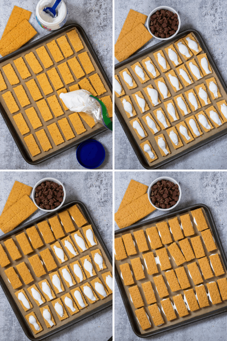 A four-photo grid showing the smores bites being assembled with a marshmallow fluff filling. Photo 1 shows marshmallow fluff in a baggie for piping and a tray with 32 graham cracker sections lined up. Photo 2 shows marshmallow fluff piped onto each cracker. Photo 3 shows some of the crack