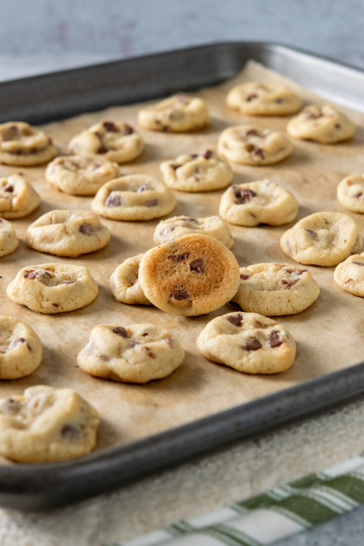 A baking tray lined with baked mini chocolate chip cookies. One of the cookies is flipped over showing how the bottom is baked to a light golden brown.
