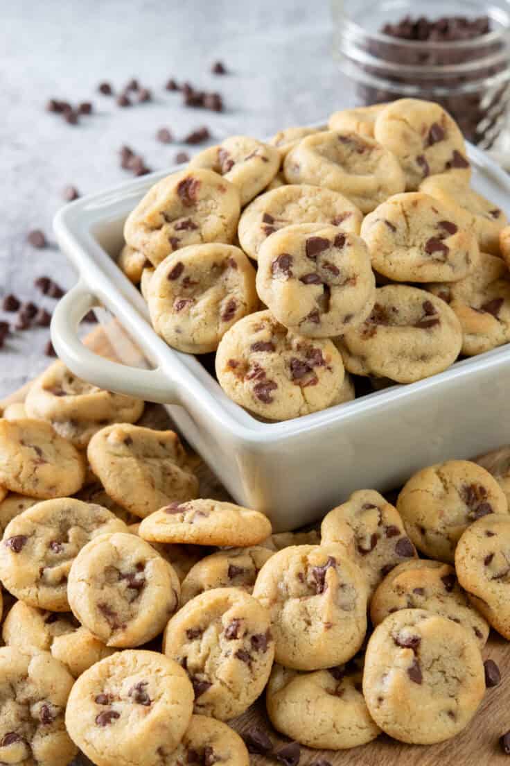 A small dish filled with homemade mini chocolate chip cookies. There are a bunch of tiny cookies surrounding the dish and some mini chocolate chip morsels scattered in the background.