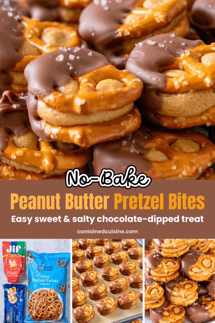 A close-up view of a peanut butter pretzel bite showing a thick layer of peanut butter filling between two mini pretzels, that's been dipped in chocolate with a few flakes of sea salt sprinkled on top. The image also includes photos of the main ingredients (peanut butter, a bag of pretzels, and a bag of chocolate chips), a tray lined with all the pretzel bites dipped in chocolate, and a plate stacked high with the treat. The image has text overlay that reads, "No-Bake Peanut Butter Pretzel Bites. Easy sweet and salty chocolate-dipped treat."