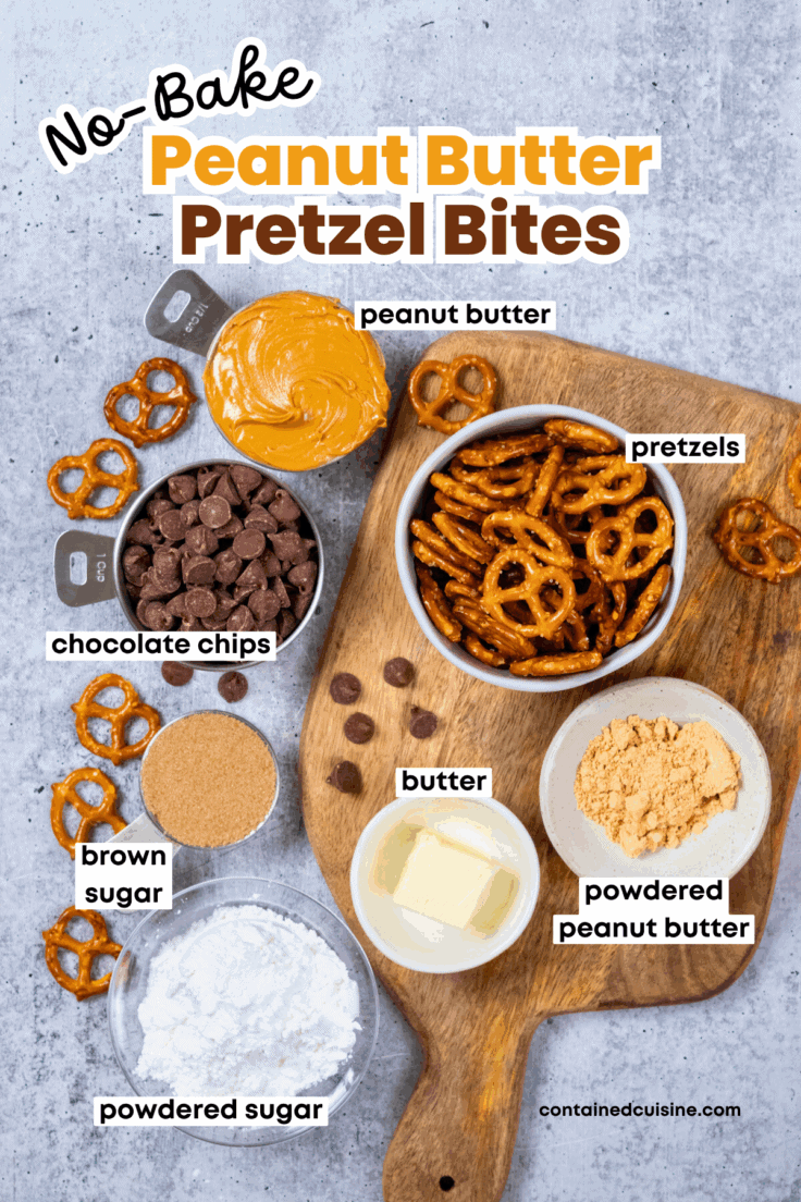 An overhead photo of all the ingredients needed to make peanut butter pretzel bites at home. There are measuring cups filled with peanut butter, chocolate chips and brown sugar. There's also bowls with pretzels, powdered peanut butter, powdered sugar and butter.