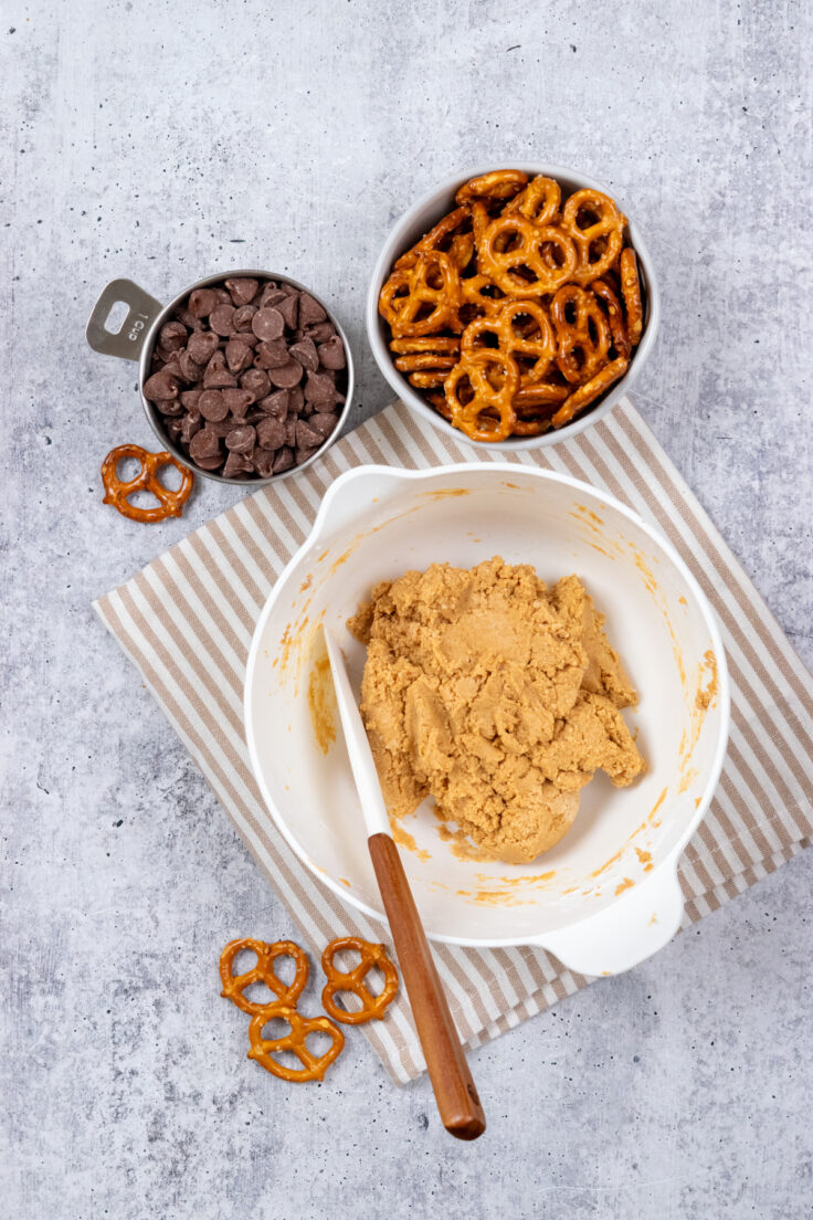 Powdered sugar stirred into the peanut butter mixture until it's like a cookie dough consistency.
