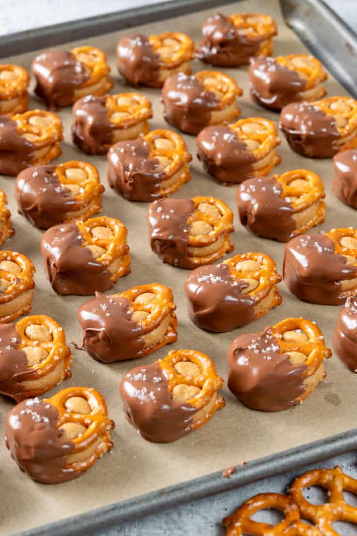 Tray filled with 36 bites all dipped in chocolate and sprinkled with a touch of sea salt on top.