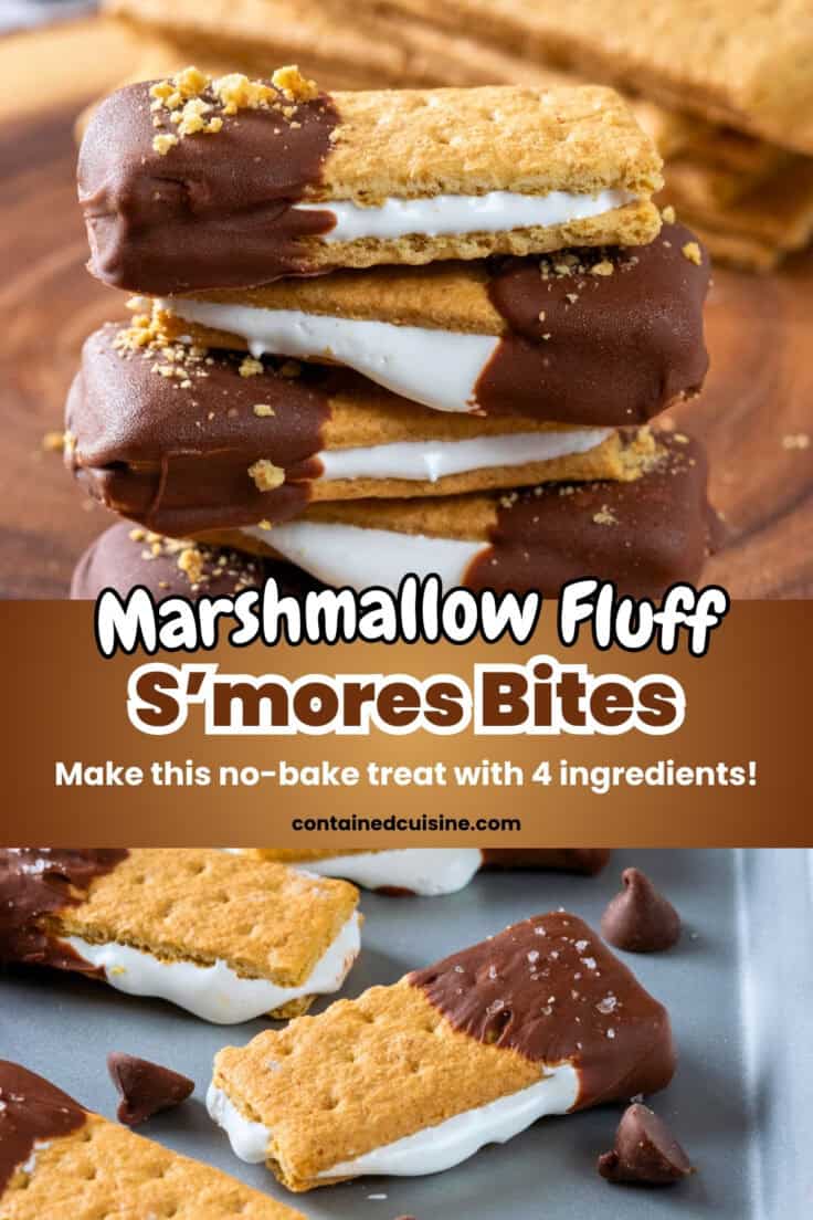 Two photos showing a stack of smores bites decorated with graham cracker crumbs on the dipped chocolate end and another photo showing a batch with flaky sea salt on the chocolate. The image has text overlay that says, "Marshmallow Fluff S'mores Bites. Make this no-bake treat with 4 ingredients!"