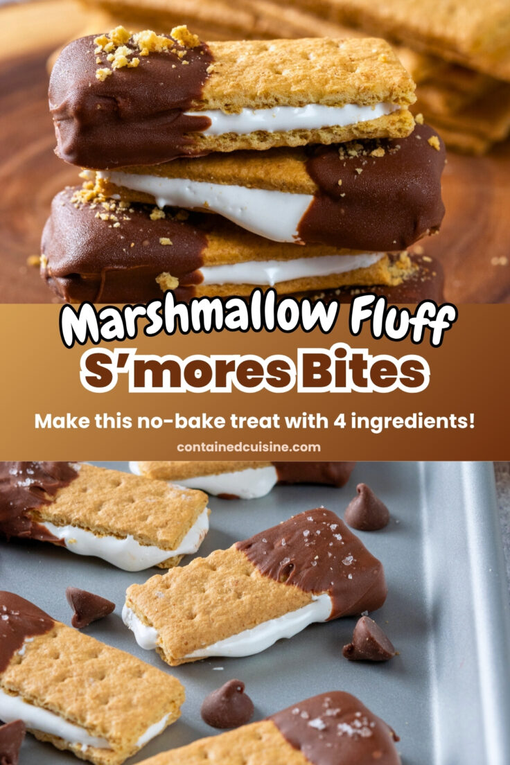 Two photos showing a stack of smores bites decorated with graham cracker crumbs on the dipped chocolate end and another photo showing a batch with flaky sea salt on the chocolate. The image has text overlay that says, "Marshmallow Fluff S'mores Bites. Make this no-bake treat with 4 ingredients!"