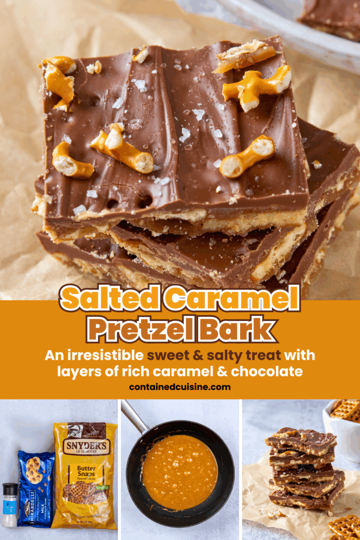 A piece of pretzel bark showing the layers of pretzels, toffee and chocolate. There are also three other images showing a bag of pretzels and chocolate chips, caramel being cooked in a saucepan, and a stack of pieces of pretzel bark. The image has text overlay that reads, "Salted Caramel Pretzel Bark. An irresistible sweet and salty treat with layers of rich caramel and chocolate."