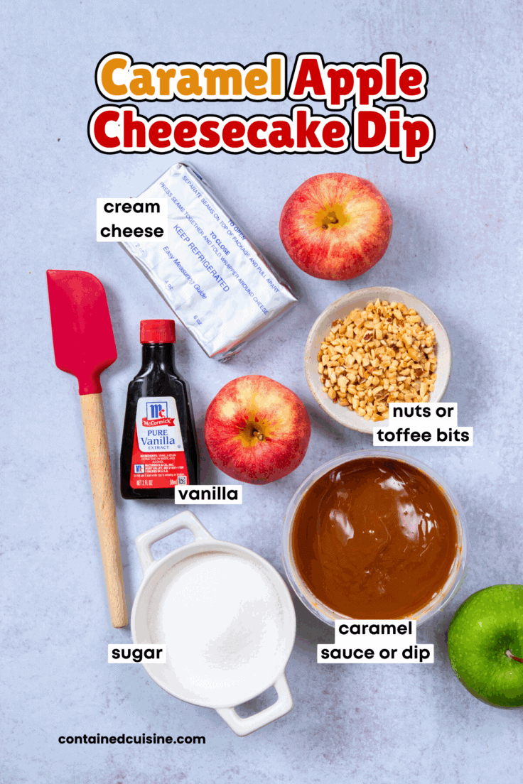 An overhead view of all the ingredients needed to make this caramel apple cheesecake dessert dip, including cream cheese, sugar, vanilla, caramel sauce, and nuts or toffee bits for topping.