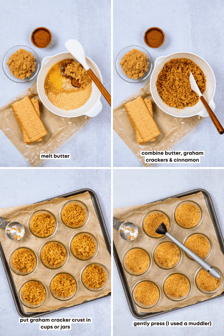 Four-grid image showing the process of mixing together the no-bake graham cracker crust and filling it into jars for individual servings.