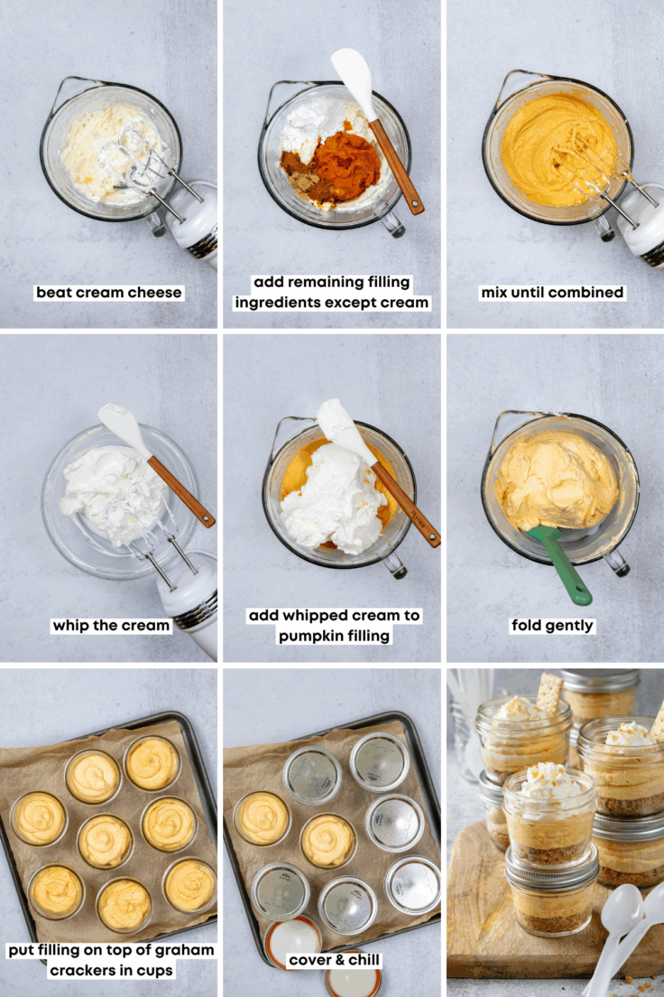 Nine grid image showing the process of making the no-bake pumpkin filling for these dessert cups, from beating the cream cheese and whipping the heavy cream, to combining it all into a rich and creamy pumpkin filling.