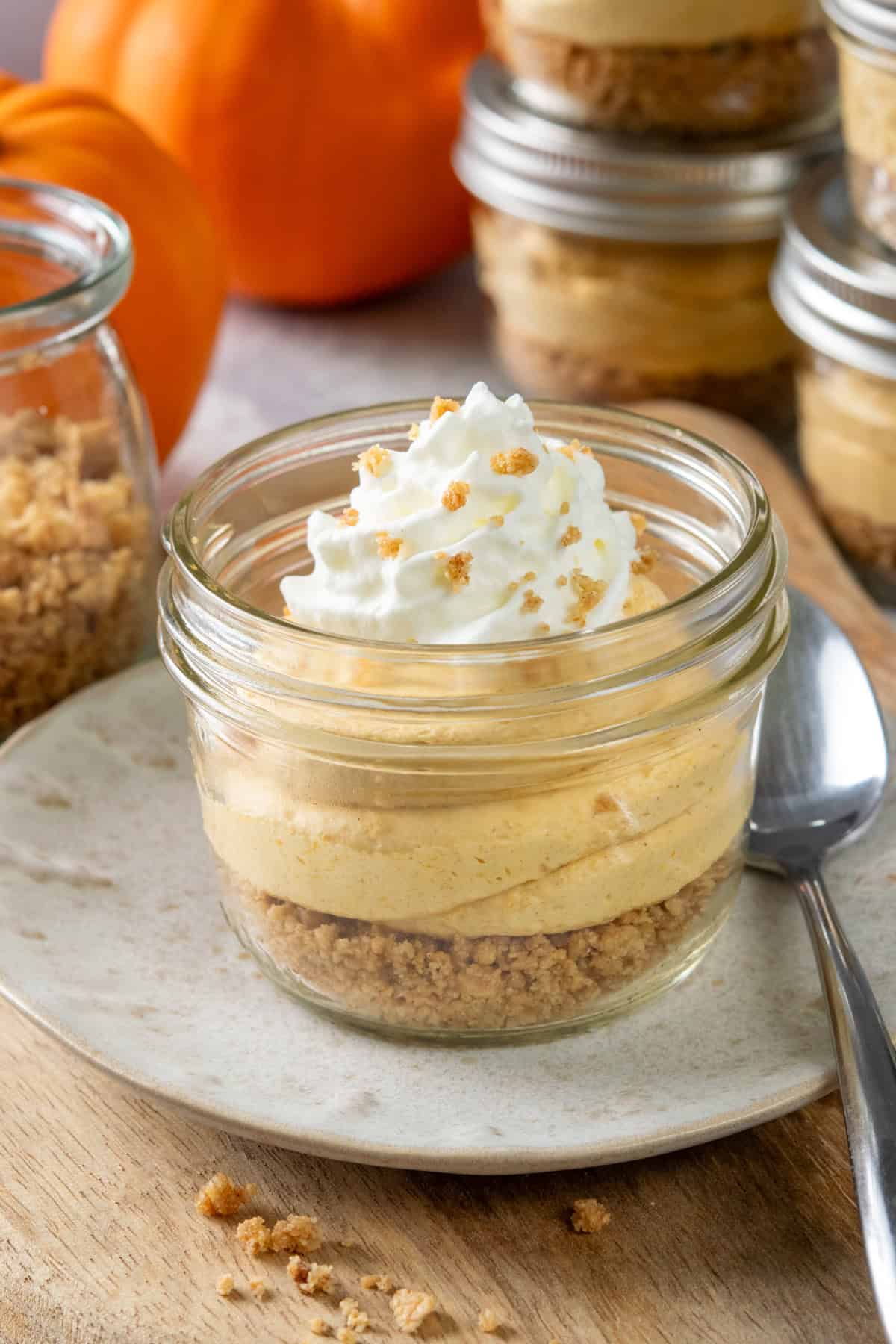 A pumpkin cheesecake cup that has a layer of graham cracker crumb crust, pumpkin cream cheese filling, and swirl of whipped cream. Behind the dessert cup are more pumpkin cups, a jar of buttery graham cracker crumbs to sprinkle on top of the dessert, and a pumpkin.