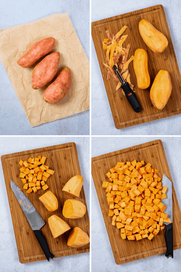 A four-photo grid showing three whole sweet potatoes, the potatoes being peeled, the potatoes being cut on a cutting board, and a pile of diced sweet potatoes on a cutting board.