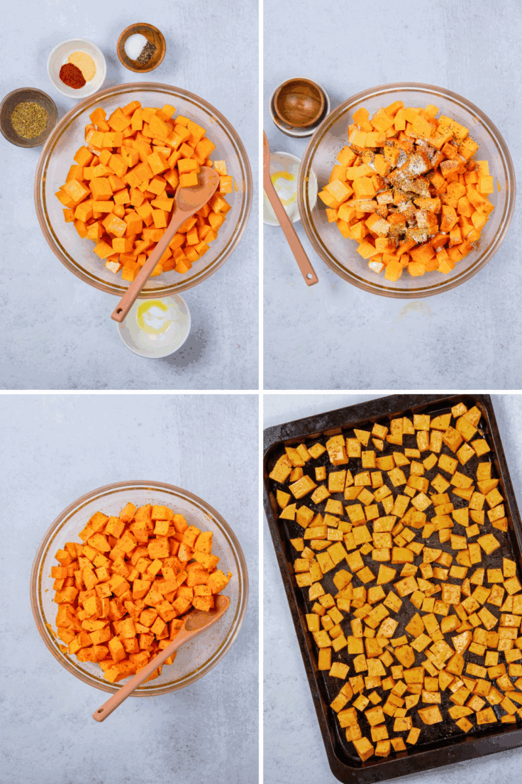 A four-photo grid showing the diced potatoes coated in olive oil in a bowl, the seasonings dumped on top, the diced sweet potatoes in the bowl evenly coated with oil and seasoing, and the roasted potatoes on a baking sheet.
