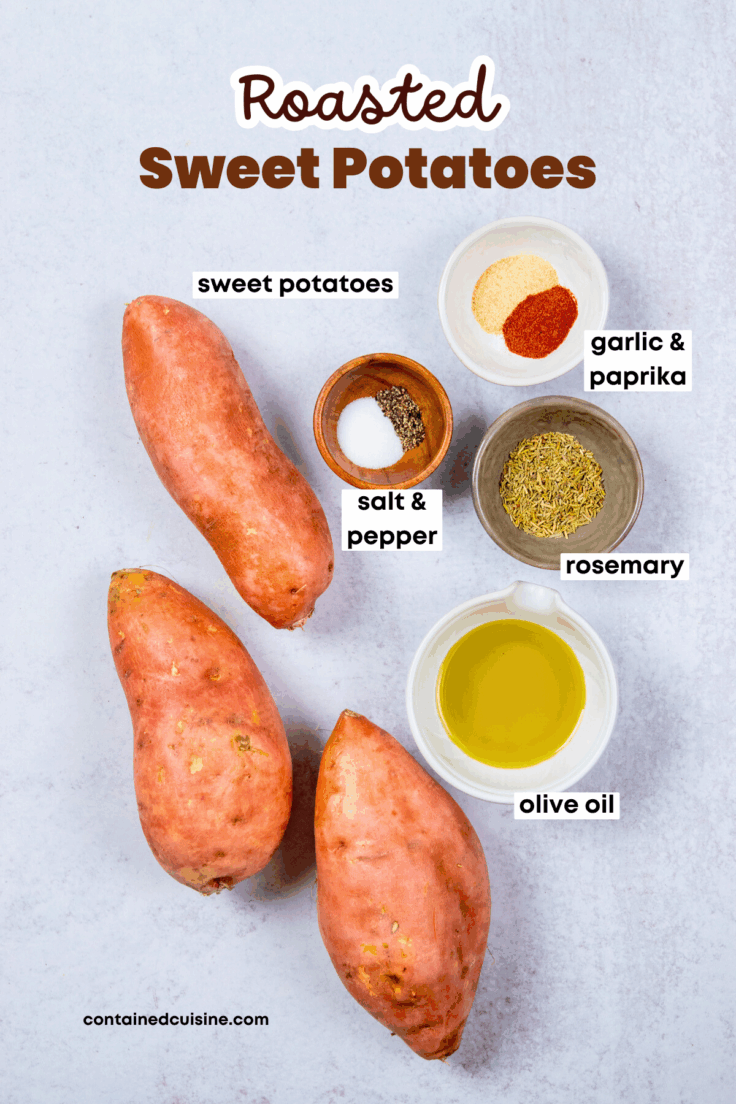 Three sweet potatoes and small bowls with olive oil, salt and pepper, garlic powder and paprika, and rosemary.