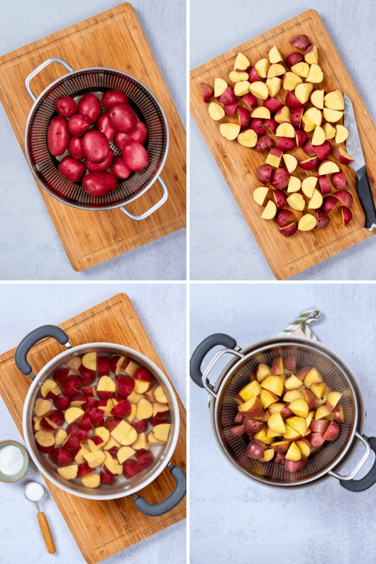 A four-photo image showing the process of boiling red new potatoes. Photo 1 shows the scrubbed potatoes in a strainer. Photo 2 shows the baby potatoes cut evenly. Photo 3 shows the potatoes in a pot of boiling water. Photo 4 shows the boiled potatoes in a strainer.