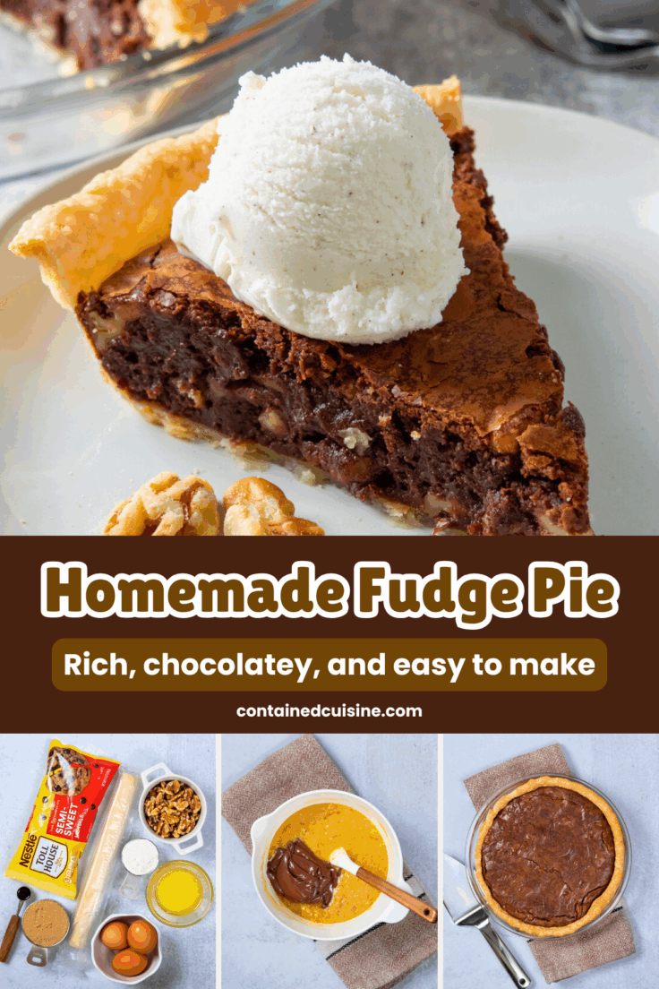 A slice of gooey homemade fudge pie with ice cream, all the ingredients needed to make the pie, a mixing bowl with batter, and a whole fudge pie just out of the oven.