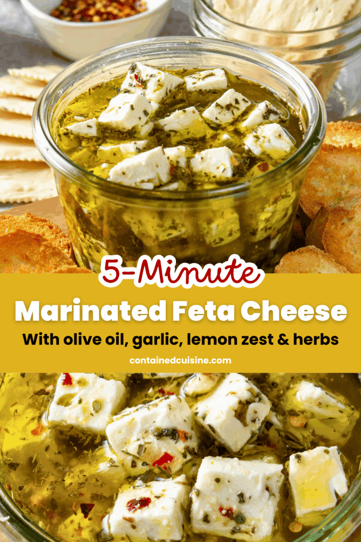 Marinated feta served on a party tray with crostini and crackers.