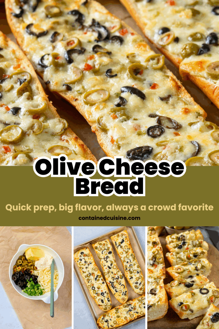 Olive cheese bread with melted cheese and olives, homemade appetizer or snack.