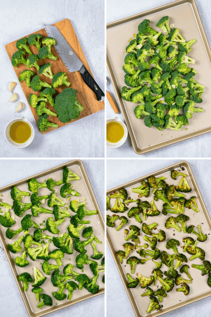 A series of photos showing broccoli being cut, tossed on tray with olive oil, garlic and salt and pepper; arranged on tray, and out of the oven roasted on tray.