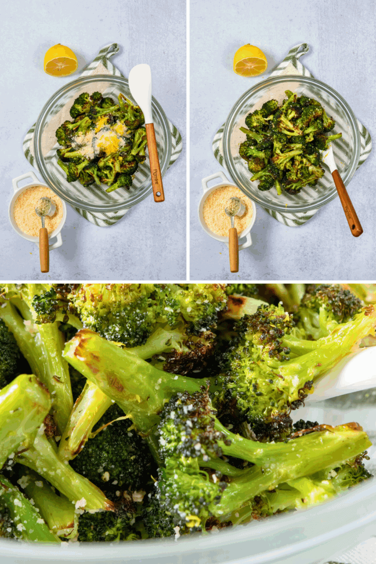 A series of three photos showing roasted broccoli in a bowl with parmesan and lemon zest on top; the broccoli being tossed to coat, and a close up showing the parmesan roasted broccoli ready to serve.
