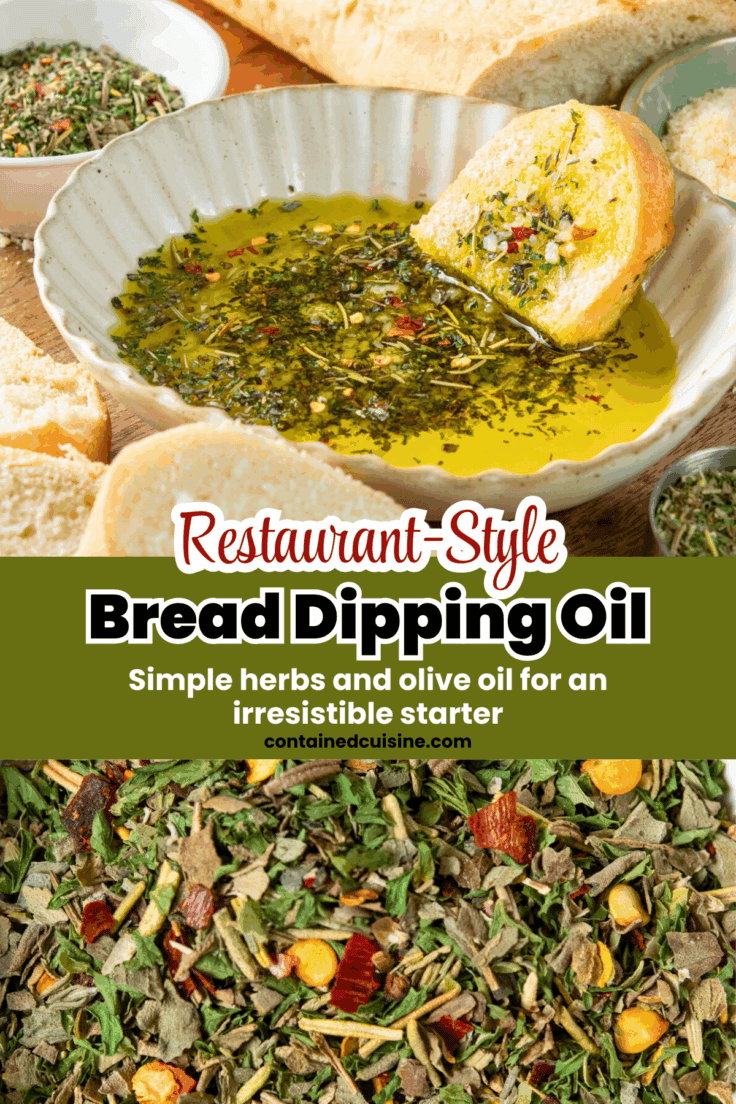 Crusty bread being dipped into Italian-style olive oil infused with a flavorful herby seasoning blend, shown with a close-up of the spice mix.