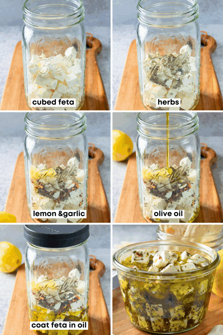 Showing the steps to make marinated feta in a tall jar, by adding the feta cut into cubes, followed by dried herbs and red pepper flakes, sliced garlic and lemon zest, then pouring olive oil in to cover the cheese.