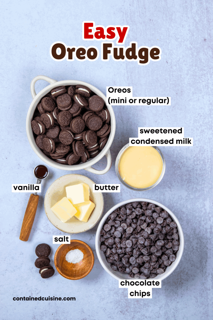 All the ingredients needed to make this easy Oreo fudge recipe, including Oreo cookies, sweetened condensed milk, chocolate chips, butter, vanilla and salt.