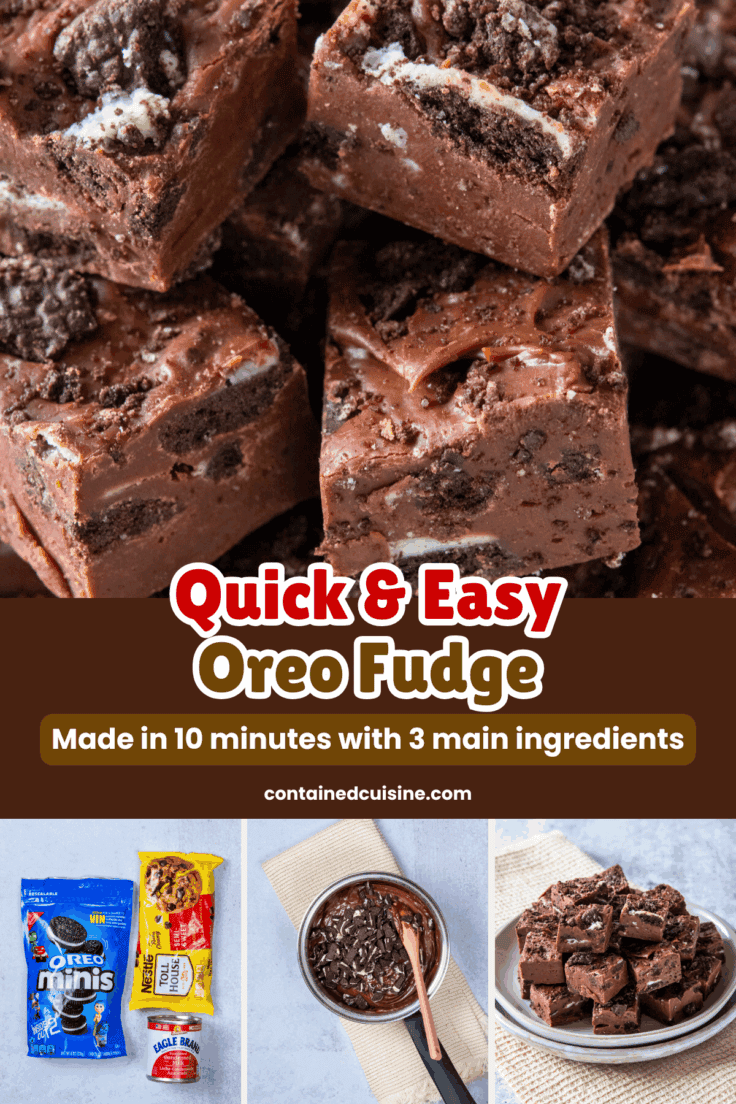 Oreo fudge filled with chunks of Oreo cookies and topped with crushed Oreos. There's also an image of the 3 main ingredients in packages (Oreo minis, Nestle semi-sweet chocolate morsels, and Eagle Brand sweetened condensed milk), the crushed cookies being folded into the melted chocolate, and a plate stacked with the finished Oreo fudge.