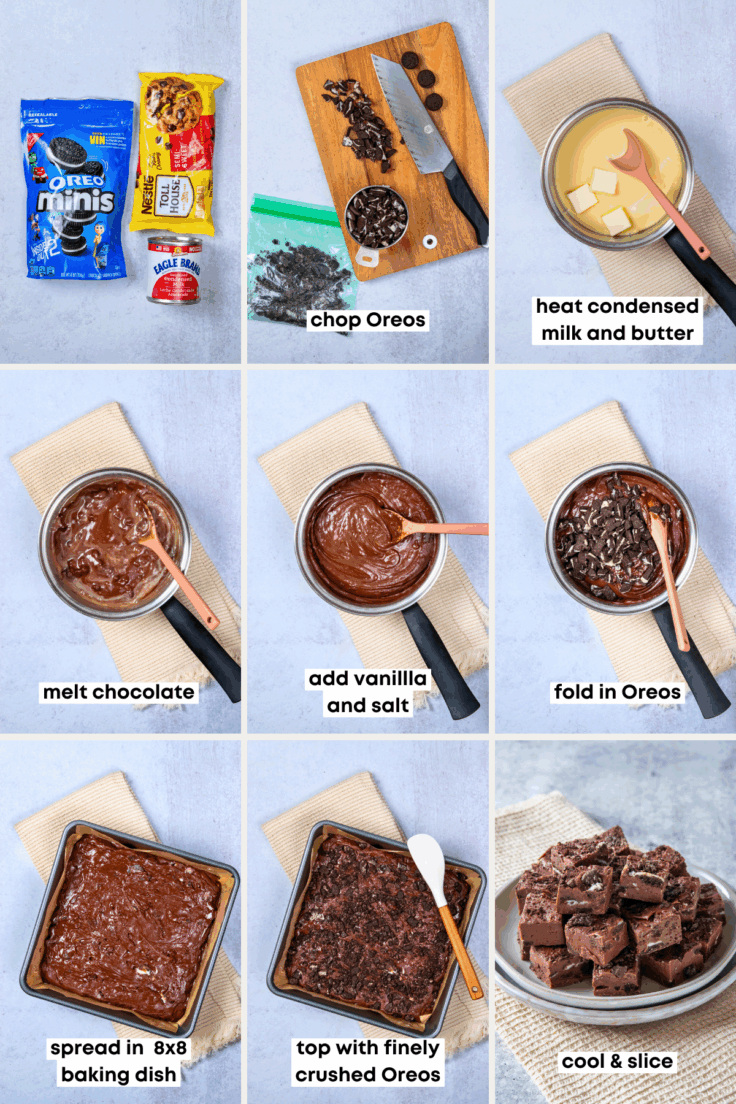 A nine grid image showing each progressive step of making Oreo fudge. You can see the Oreos being chopped, melting the chocolate, folding in the Oreos, spreading it in an 8x8 pan, and slicing it into fudge.