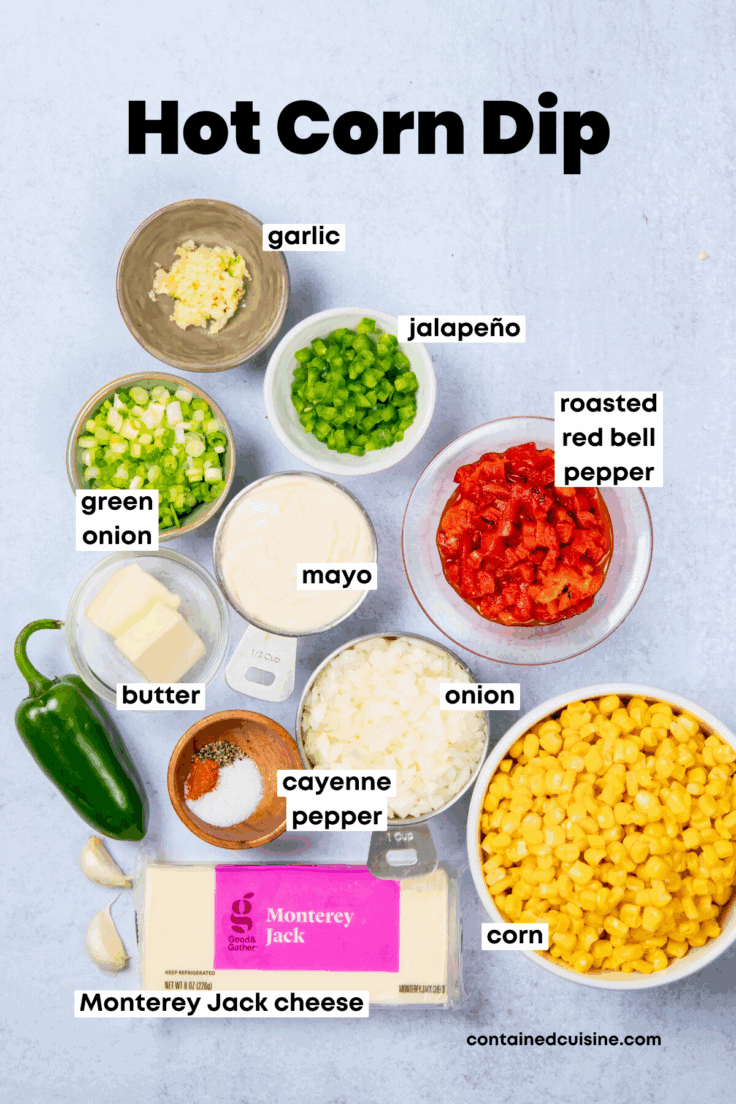 Overhead photo of all the labeled ingredients for hot corn dip arranged on a surface, with a graphic text label that reads “Hot Corn Dip.”