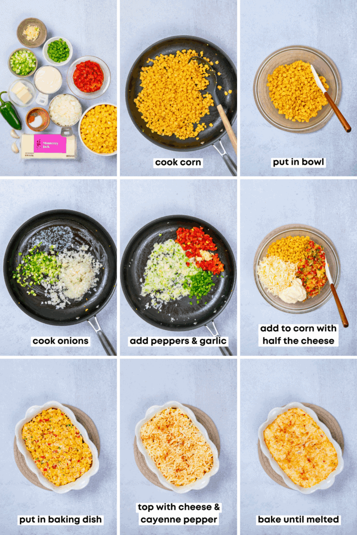 Nine-step collage showing how to make hot corn dip: corn browning in a skillet, onions sautéing, red bell pepper and jalapeño added, mixture stirred in a bowl, transferred to a baking dish, topped with shredded cheese, and baked until hot and melty.