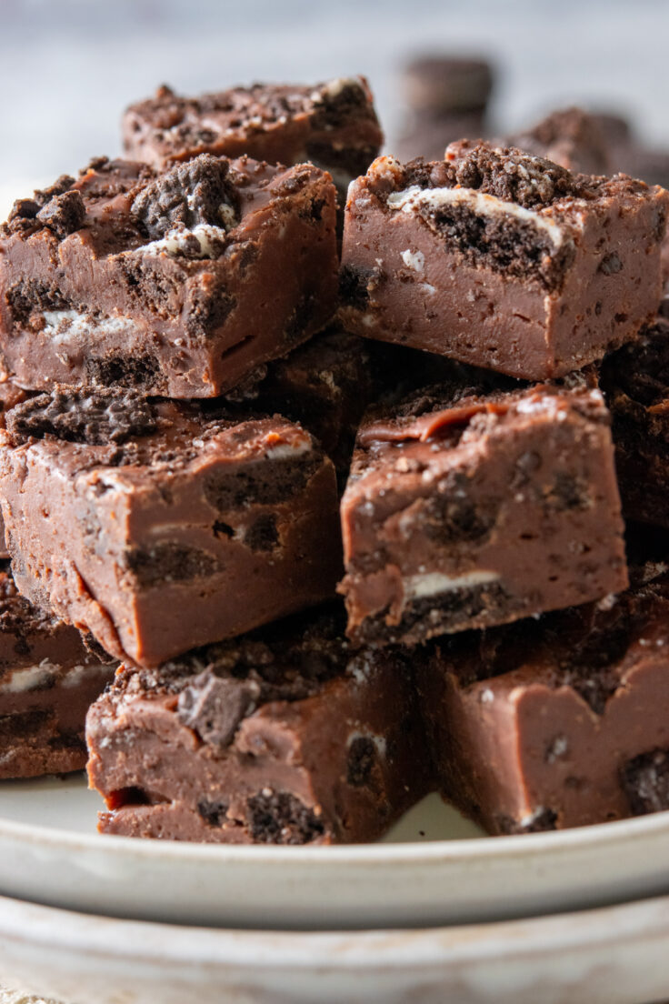 Rich and creamy fudge filled with chopped Oreo cookies with even more crushed Oreos on top.