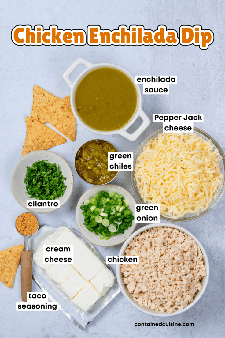 Overhead image of all labeled ingredients for chicken enchilada dip, including chicken, cheese, cream cheese, enchilada sauce, green chilies, taco seasoning, and green onions.