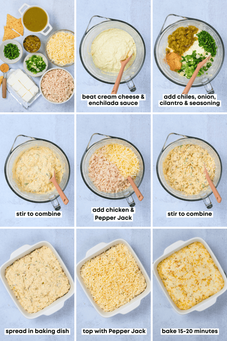 Nine-step collage showing how to make the cheesy chicken enchilada dip, from mixing the ingredients to layering the dip in a baking dish and the finished baked appetizer.