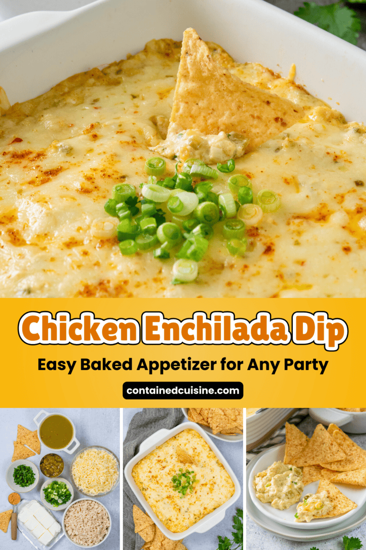 Collage showing chicken enchilada dip with a chip, the ingredients, the baked dip in a dish, and a serving with tortilla chips.