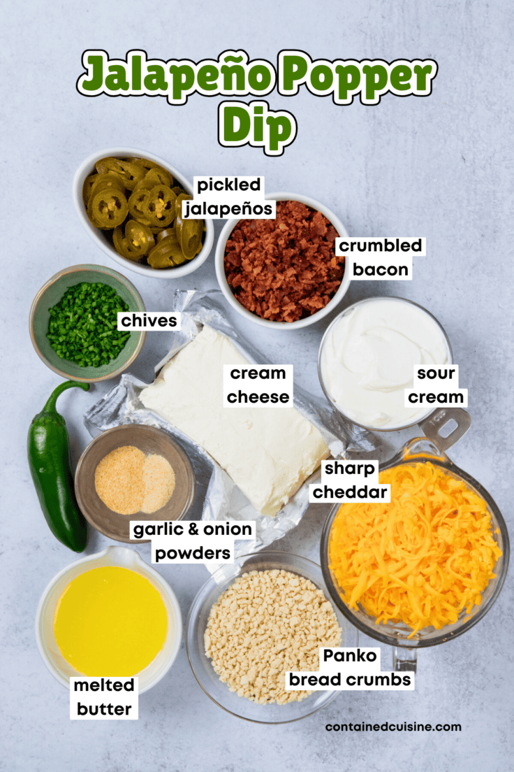 All ingredients needed to make jalapeño popper dip, including cream cheese, cheddar, bacon, jalapeños, sour cream, and chives, labeled for clarity.