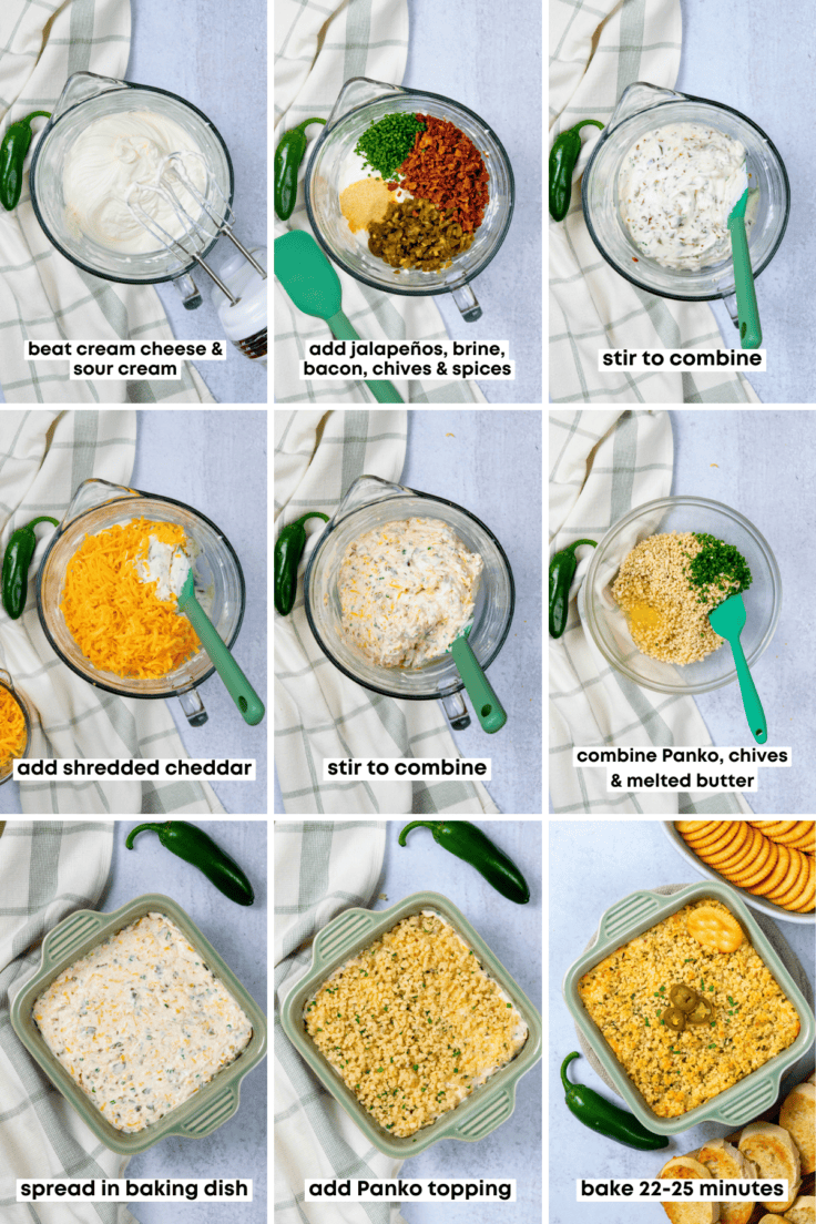 Step-by-step photo grid showing how to make jalapeño popper dip, from mixing cream cheese and sour cream to serving the hot, cheesy dip with crackers.