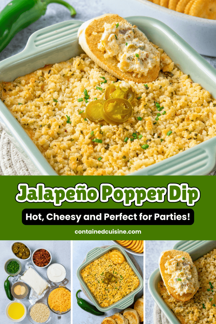 Jalapeño Popper Dip with a cracker, ingredients for the dip, and the hot baked dip in a dish—cheesy, spicy, and perfect for parties.