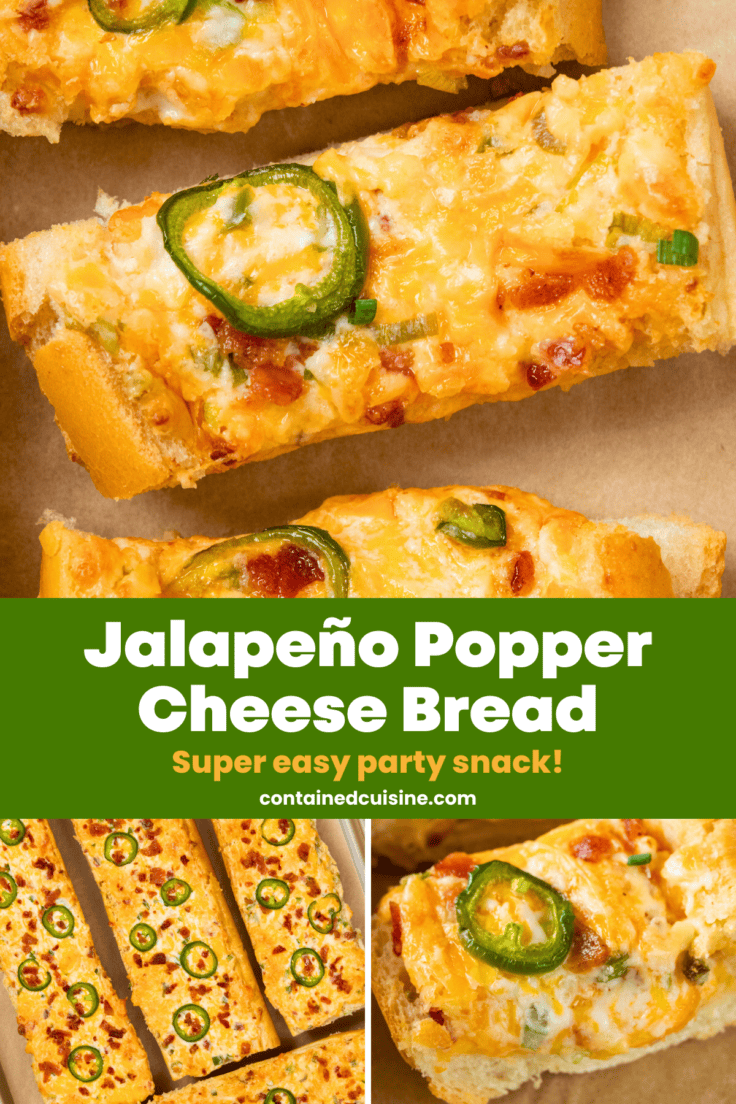 Overhead and close-up views of jalapeño popper cheese bread showing melted cheese, baked jalapeño rings, and loaves fresh from the oven.
