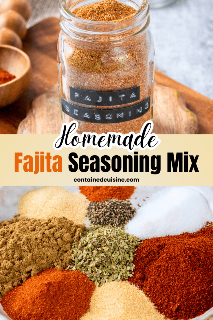 Homemade fajita seasoning in a spice jar with individual spices arranged on a plate before mixing.