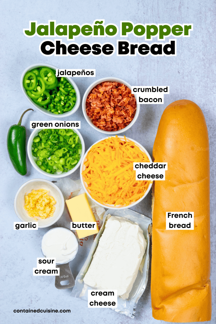 Overhead view of ingredients for jalapeño popper cheese bread, including French bread, cheese, bacon, and jalapeños.