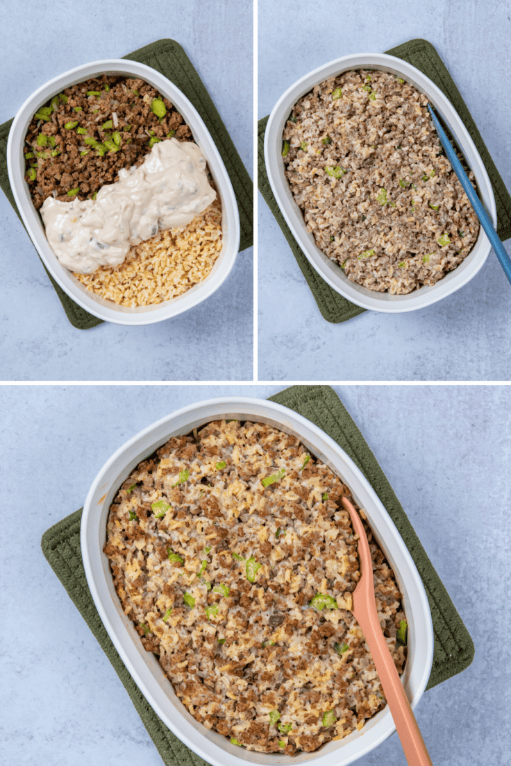 Three-panel collage showing rice, beef, and soup in a dish; ingredients stirred together; and the final baked casserole.