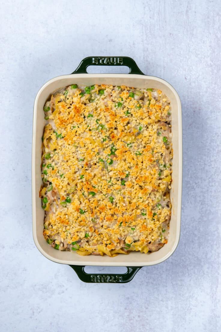 Baked tuna noodle casserole with creamy cream of mushroom sauce and a buttery, crispy parmesan-bread crumb topping, hot out of the oven,