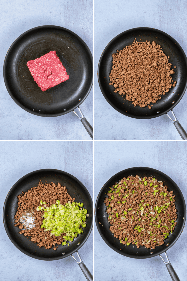 Process shots showing ground beef browning in a skillet and then being mixed with sautéed onions and celery.