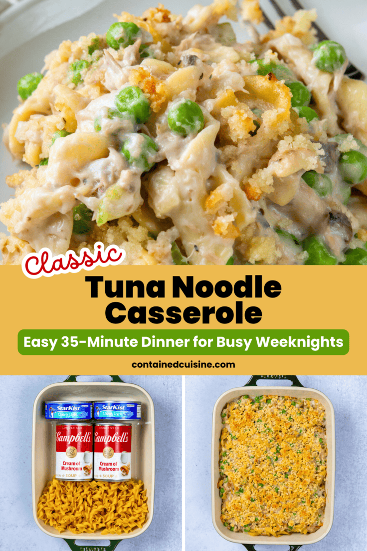 Collage of classic tuna noodle casserole ingredients including canned tuna, mushroom soup, egg noodles, and the finished baked casserole with crispy Parmesan topping.
