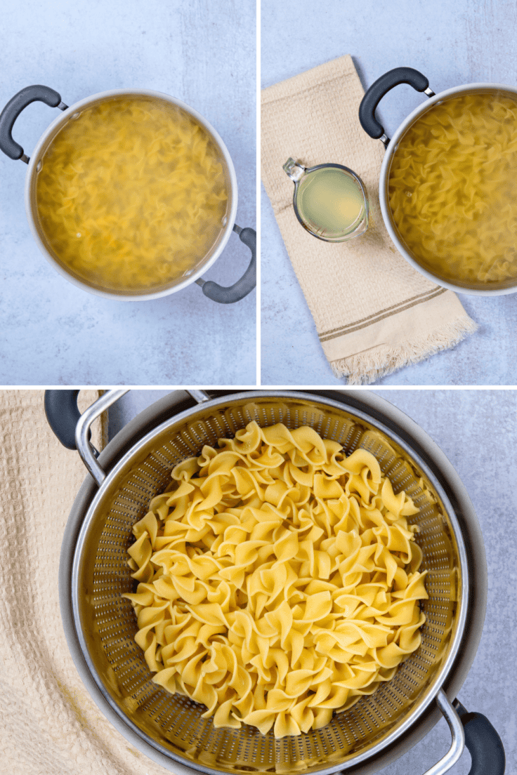 Cooked egg noodles in strainer for tuna noodle casserole.