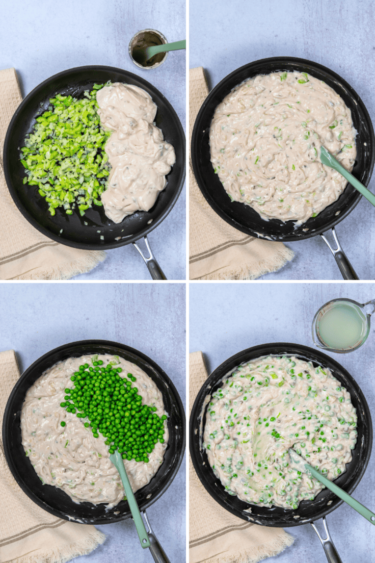 Cream of mushroom soup and peas mixed with the sauteed onions and celery for the creamy tuna casserole sauce.