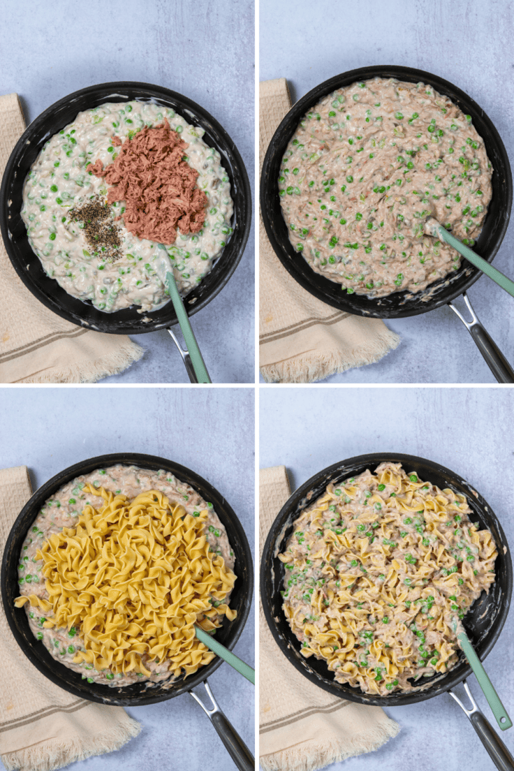 Tuna and egg noodles stirred together in skillet for tuna noodle casserole.
